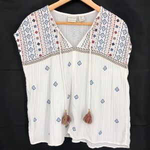 Rachel Zoe‎ Womens Top Size Large White Embroiderd Gauzy Cotton Boho V Tassels